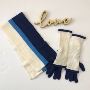 Cream & Blue Striped Scarf and Glove Set